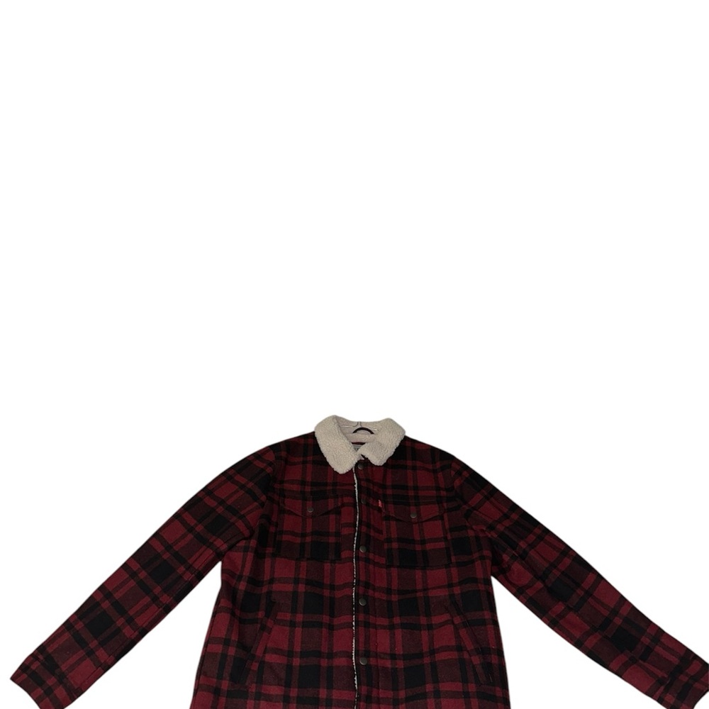 Levi's Red and Black Plaid Jacket with Cream Sherpa Collar